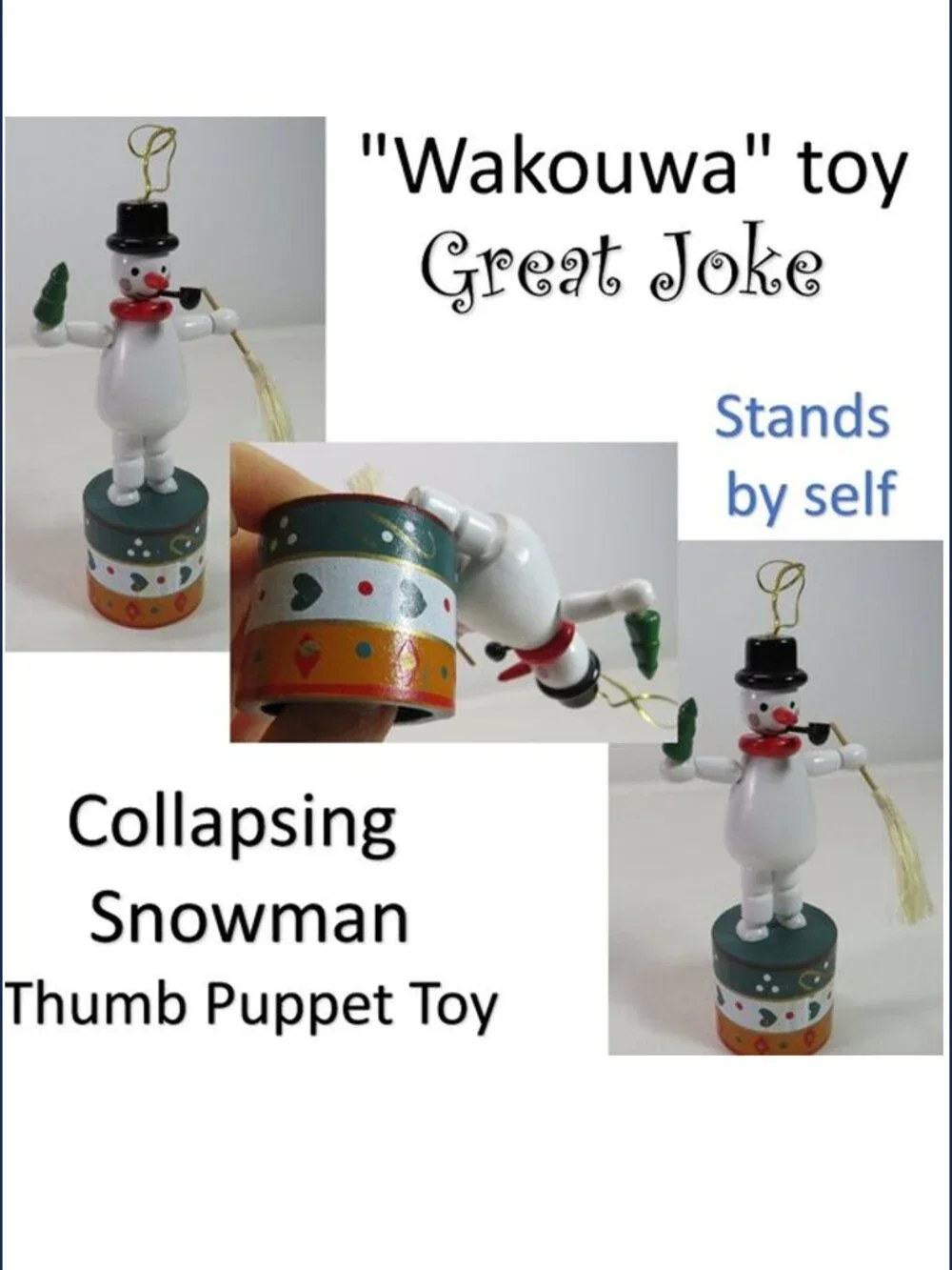 Vintage Wooden Collapsing Snowman Thumb Puppet Wakouwa Toy Christmas Ornament